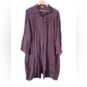 J. Jill Chocolate Brown Embroidered Eyelet Floral Button Down Shirt Dress Sz L